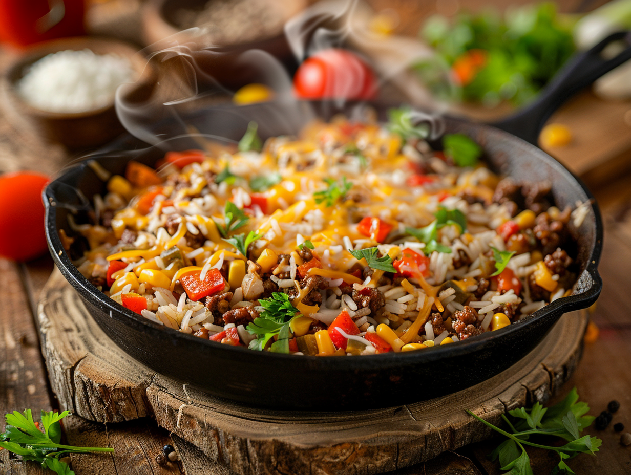 Skillet of cooked ground beef and rice with melted cheese.