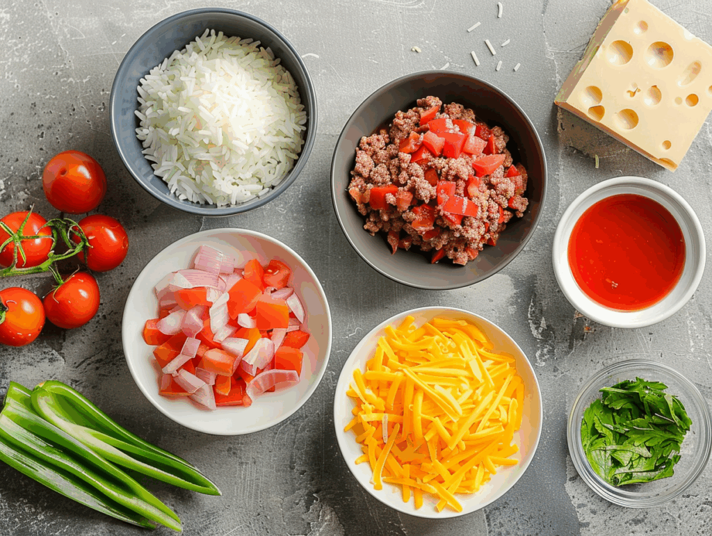 Ingredients for ground beef and rice recipe laid out on a counter.