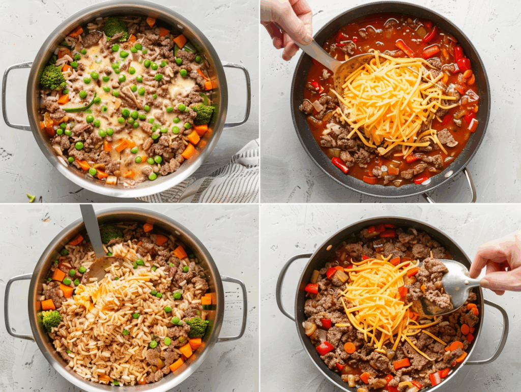 Cooking process of ground beef and rice skillet.