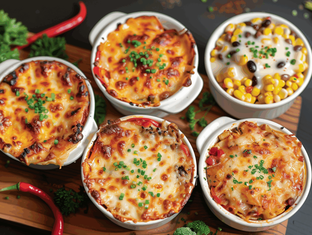Ground beef and rice variations with different veggies and cheeses.