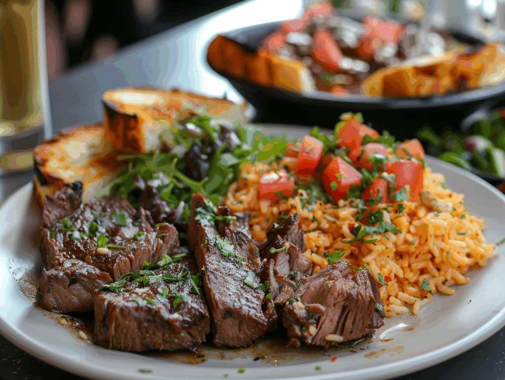 Ground beef and rice served with salad and garlic bread.