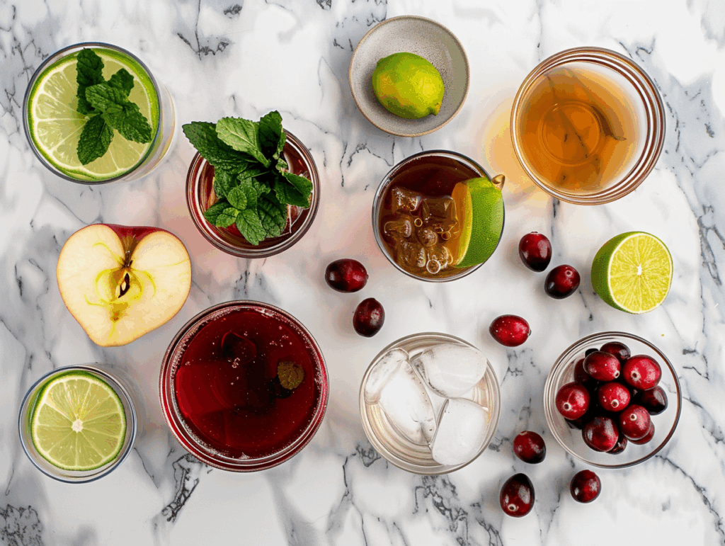 Holiday mocktail ingredients arranged on a marble surface.