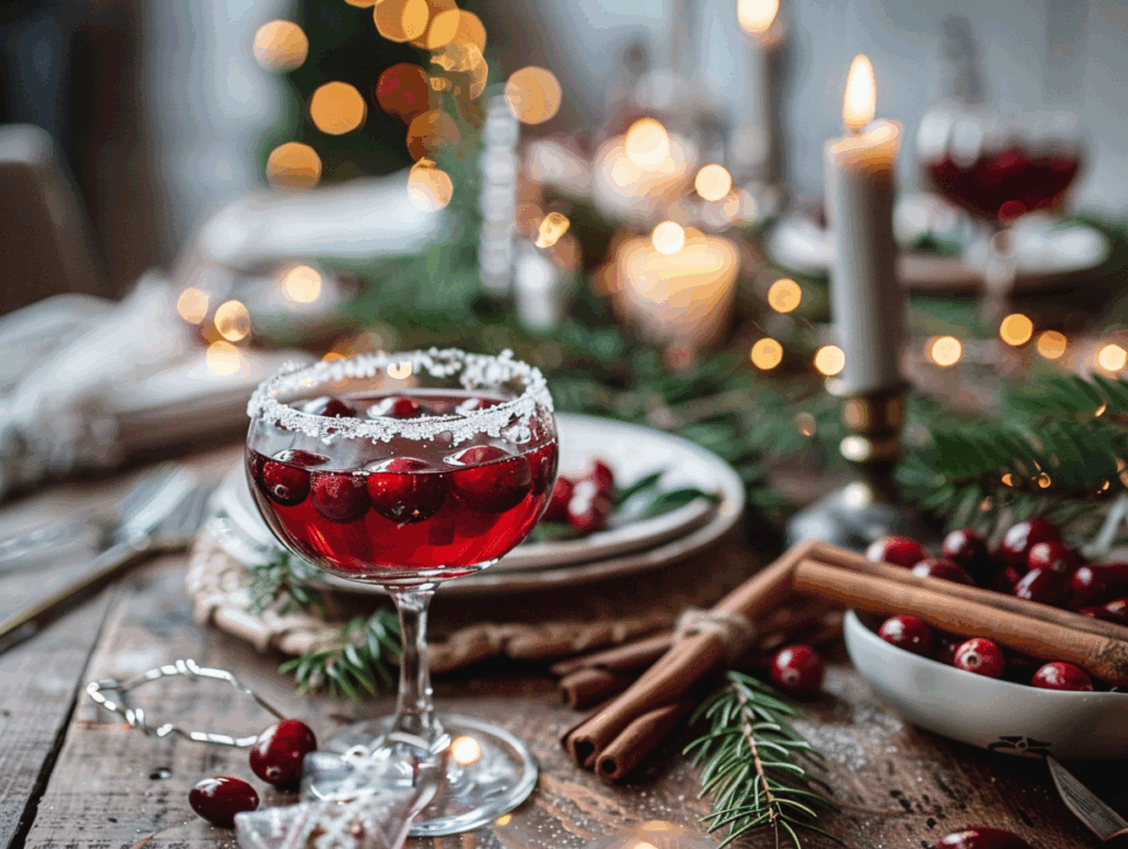 Holiday table with cranberry holiday mocktail and festive decorations.
