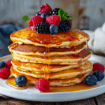 Stack of cottage cheese pancakes with berries and syrup