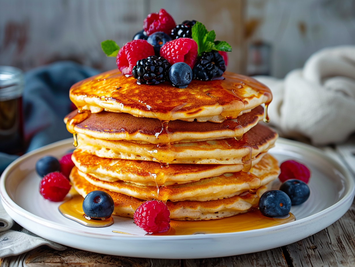 Stack of cottage cheese pancakes with berries and syrup