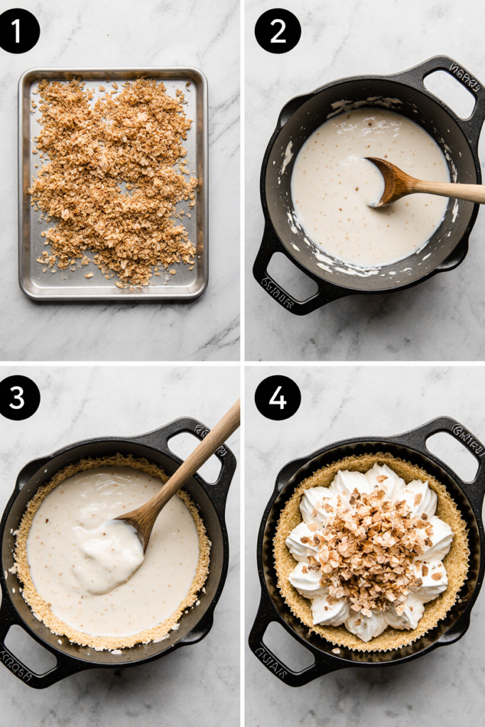 Step-by-step making of Old-Fashioned Coconut Cream Pie with toasted coconut and whipped topping