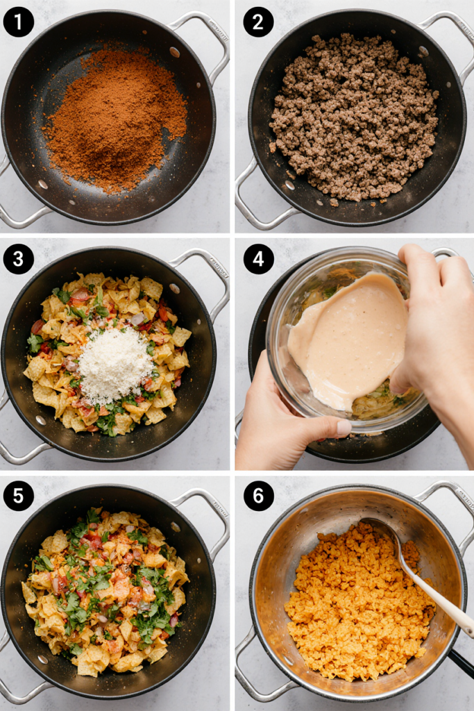 Step-by-step making of taco pasta salad with beef, veggies, dressing, and chips