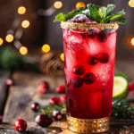 Festive holiday mocktail with cranberry, lime, and mint in a gold-rimmed glass.