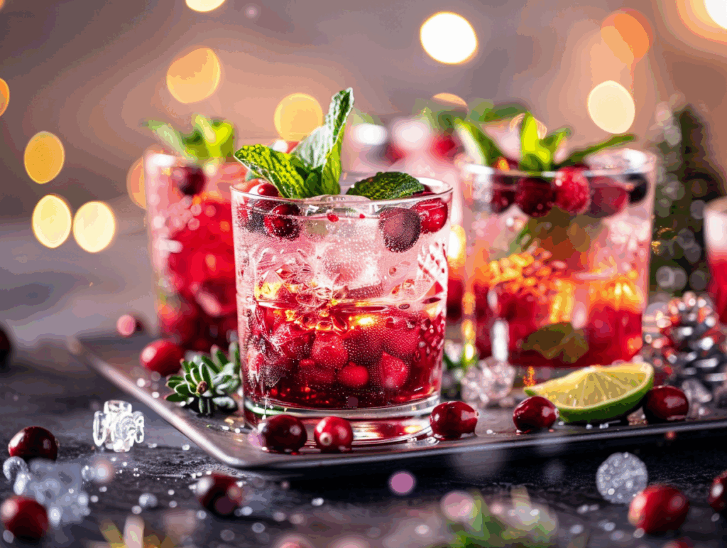 Holiday mocktail variations with different festive garnishes.